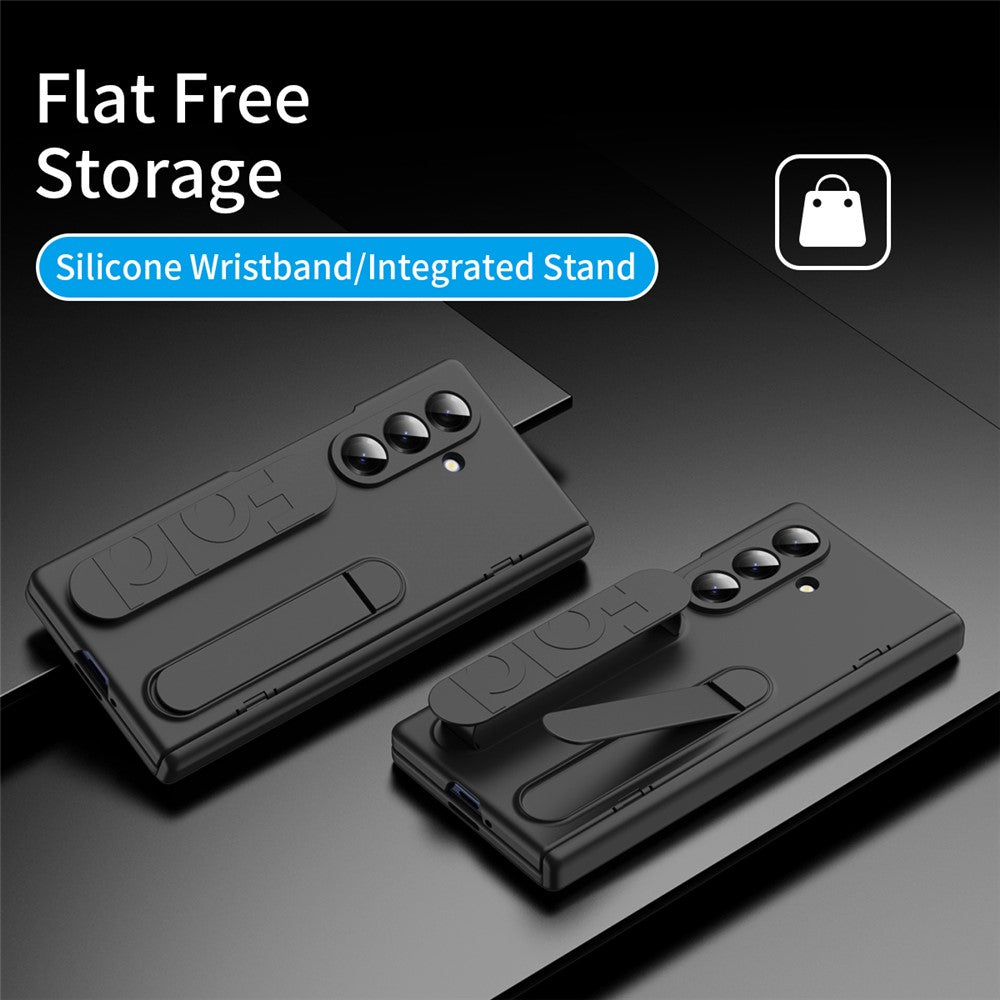 For Samsung Galaxy Z Fold7 5G Case with Tempered Glass Film Silicone Wristband Kickstand PC Phone Cover - Black