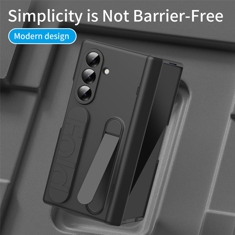 For Samsung Galaxy Z Fold7 5G Case with Tempered Glass Film Silicone Wristband Kickstand PC Phone Cover - Black