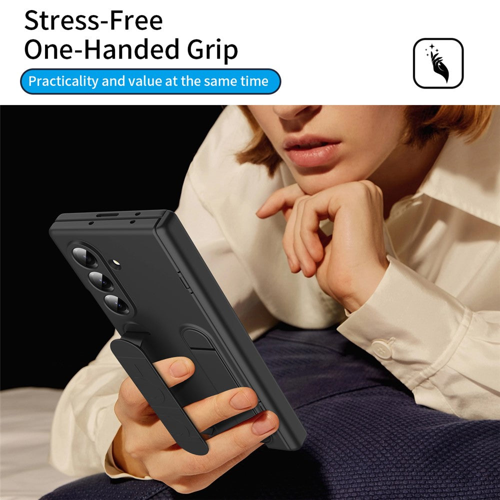 For Samsung Galaxy Z Fold7 5G Case with Tempered Glass Film Silicone Wristband Kickstand PC Phone Cover - Black