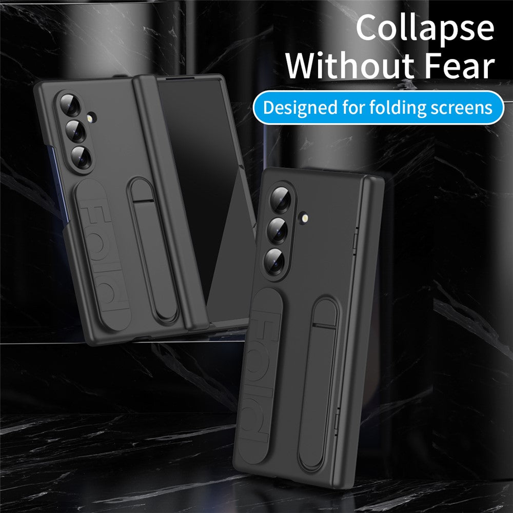 For Samsung Galaxy Z Fold7 5G Case with Tempered Glass Film Silicone Wristband Kickstand PC Phone Cover - Black