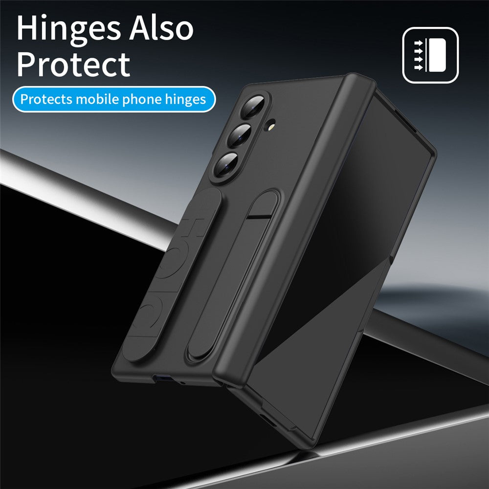 For Samsung Galaxy Z Fold7 5G Case with Tempered Glass Film Silicone Wristband Kickstand PC Phone Cover - Black