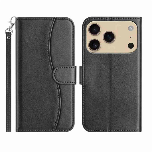 Stand Case for iPhone 17 Pro Max PU Leather Wallet Phone Cover S Shape Stitching Design with Strap - Black
