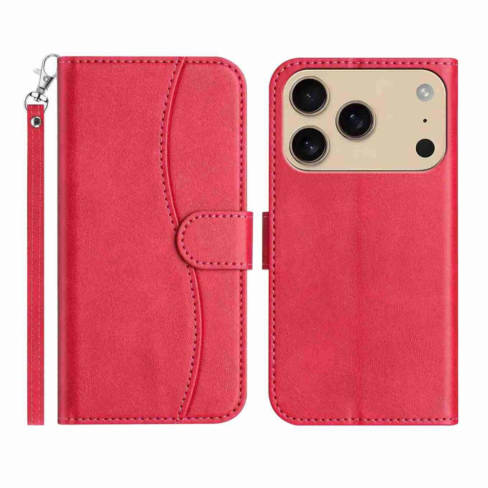 Stand Case for iPhone 17 Pro Max PU Leather Wallet Phone Cover S Shape Stitching Design with Strap - Red