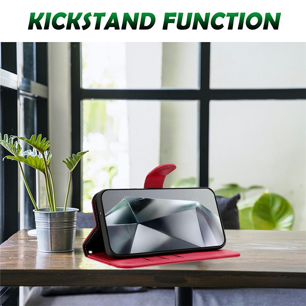 Stand Case for iPhone 17 Pro Max PU Leather Wallet Phone Cover S Shape Stitching Design with Strap - Red