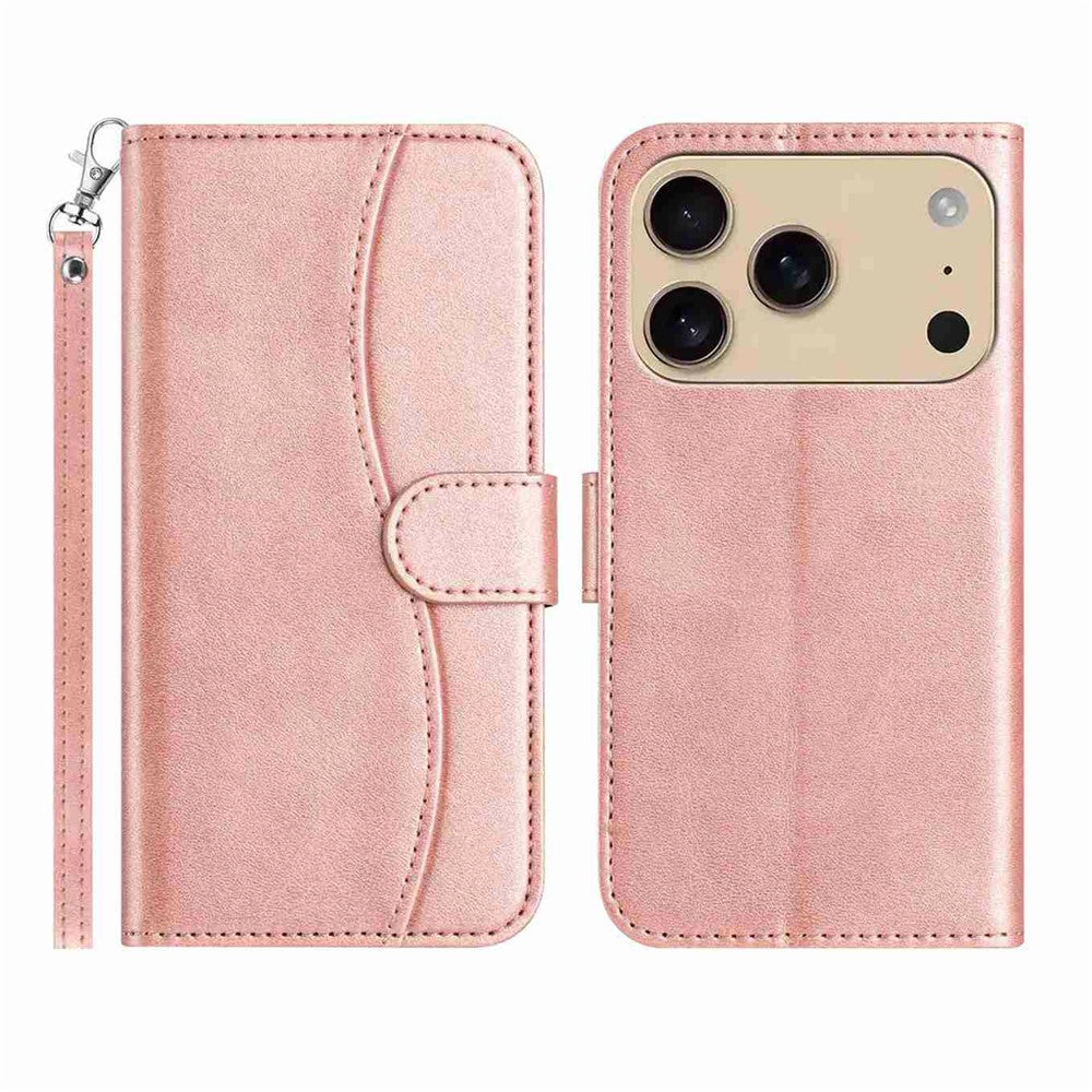 Stand Case for iPhone 17 Pro Max PU Leather Wallet Phone Cover S Shape Stitching Design with Strap - Rose Gold