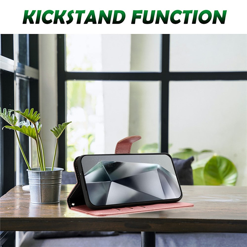 Stand Case for iPhone 17 Pro Max PU Leather Wallet Phone Cover S Shape Stitching Design with Strap - Rose Gold