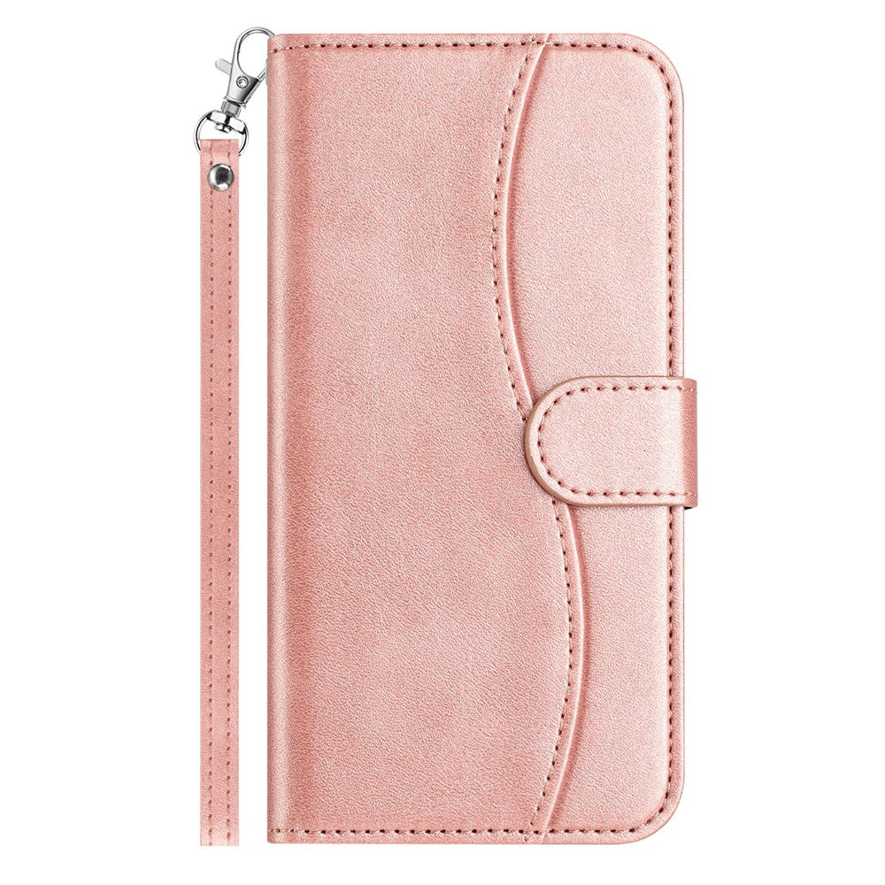 Stand Case for iPhone 17 Pro Max PU Leather Wallet Phone Cover S Shape Stitching Design with Strap - Rose Gold