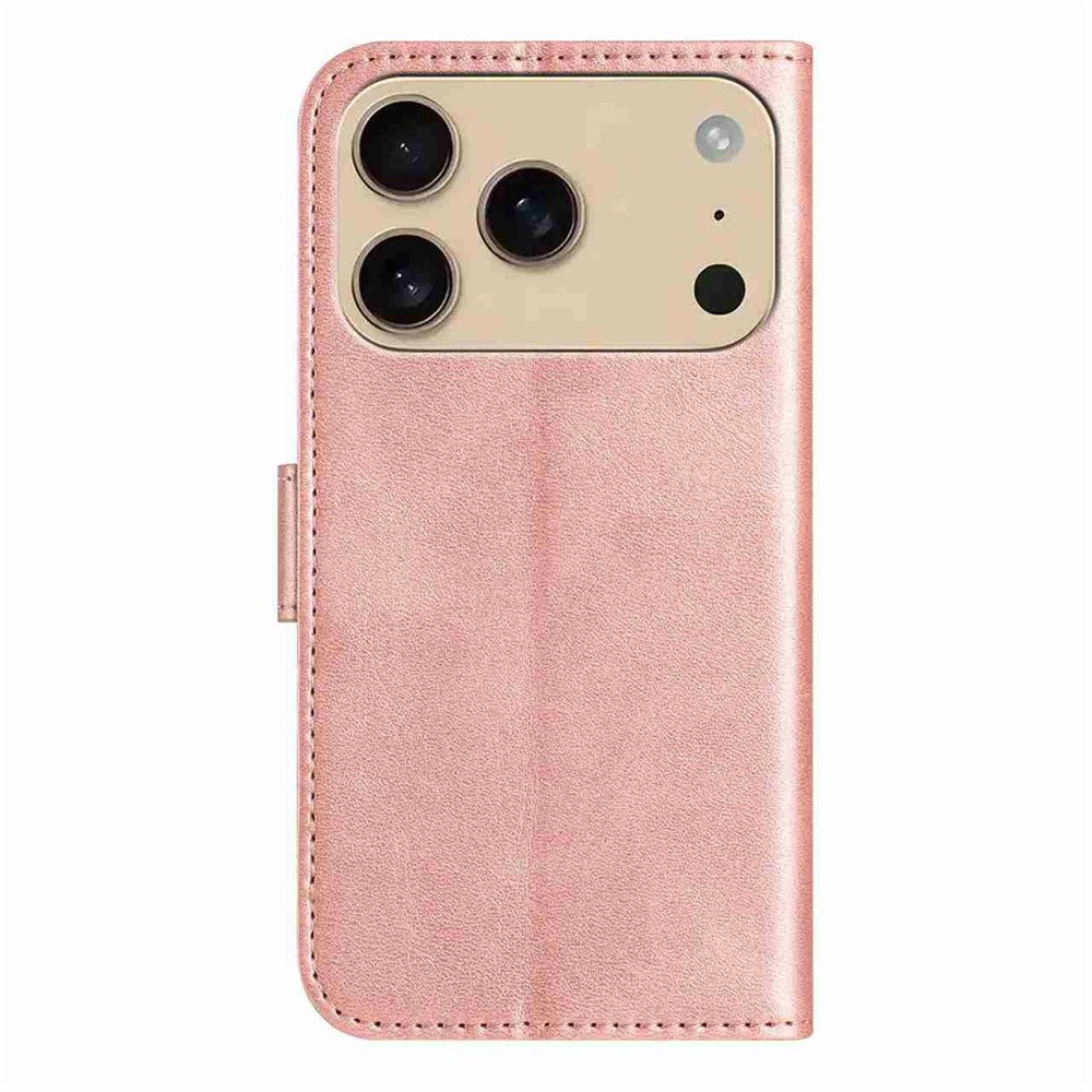 Stand Case for iPhone 17 Pro Max PU Leather Wallet Phone Cover S Shape Stitching Design with Strap - Rose Gold