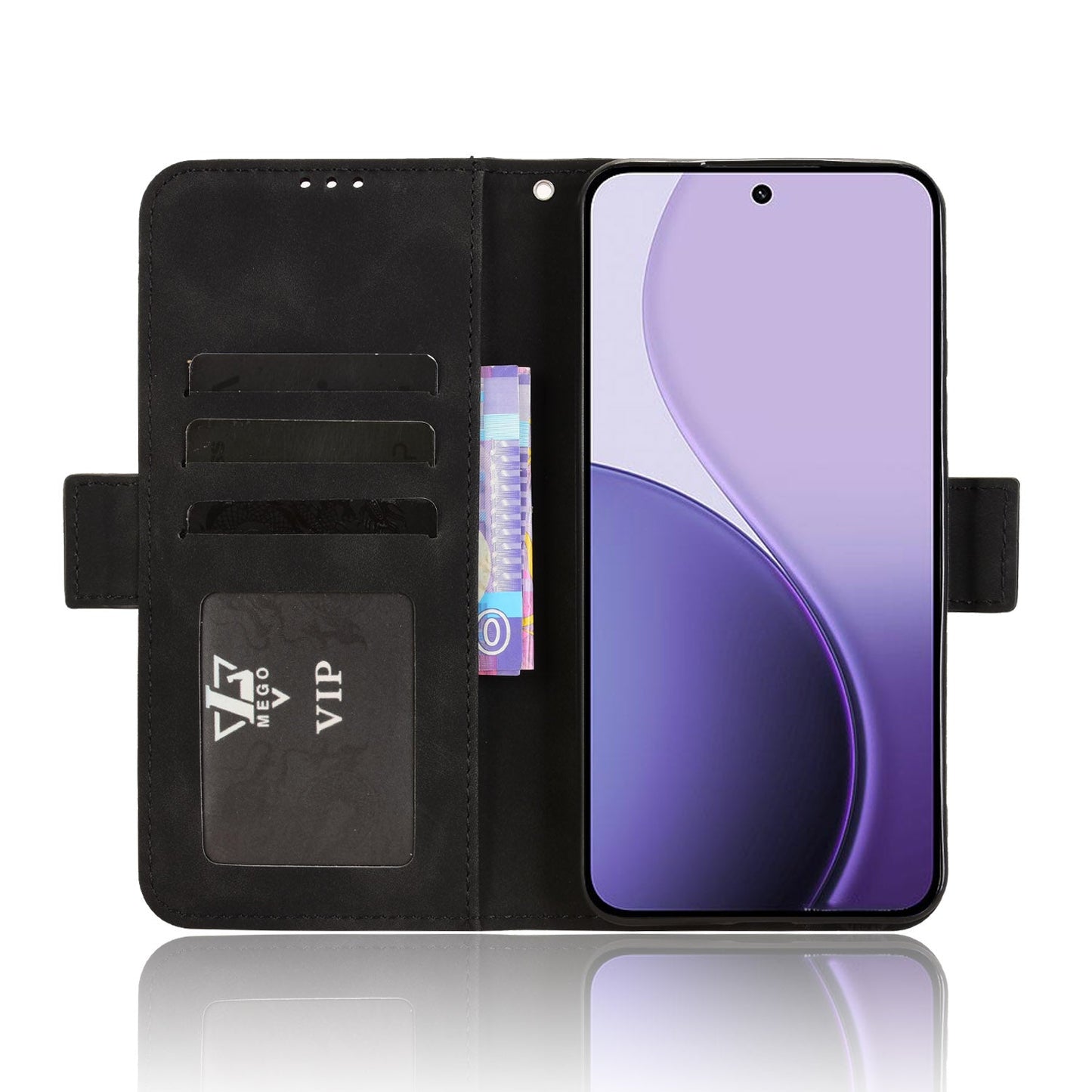 For Oppo Reno14 5G (Global) Leather Case Phone Wallet Cover with Multiple Card Slots - Black