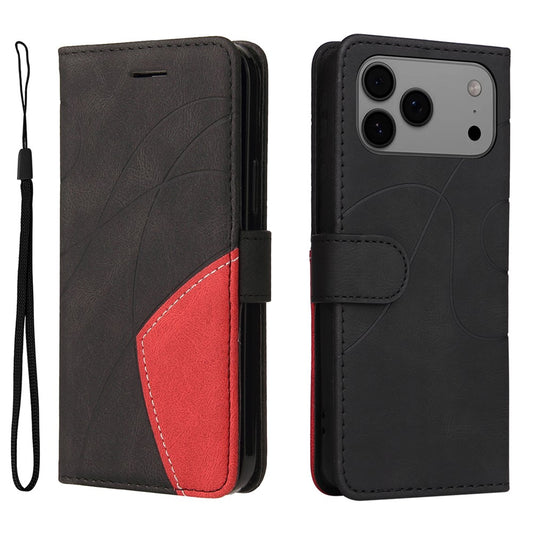 For iPhone 17 Pro Max Leather Phone Case Stand Wallet with Bi-colour Splicing Design - Black