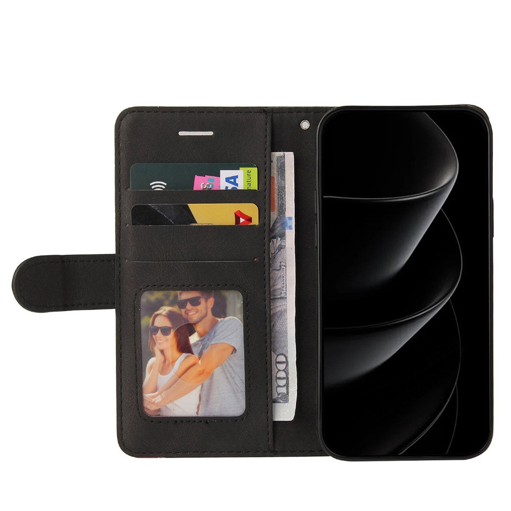 For iPhone 17 Pro Max Leather Phone Case Stand Wallet with Bi-colour Splicing Design - Black