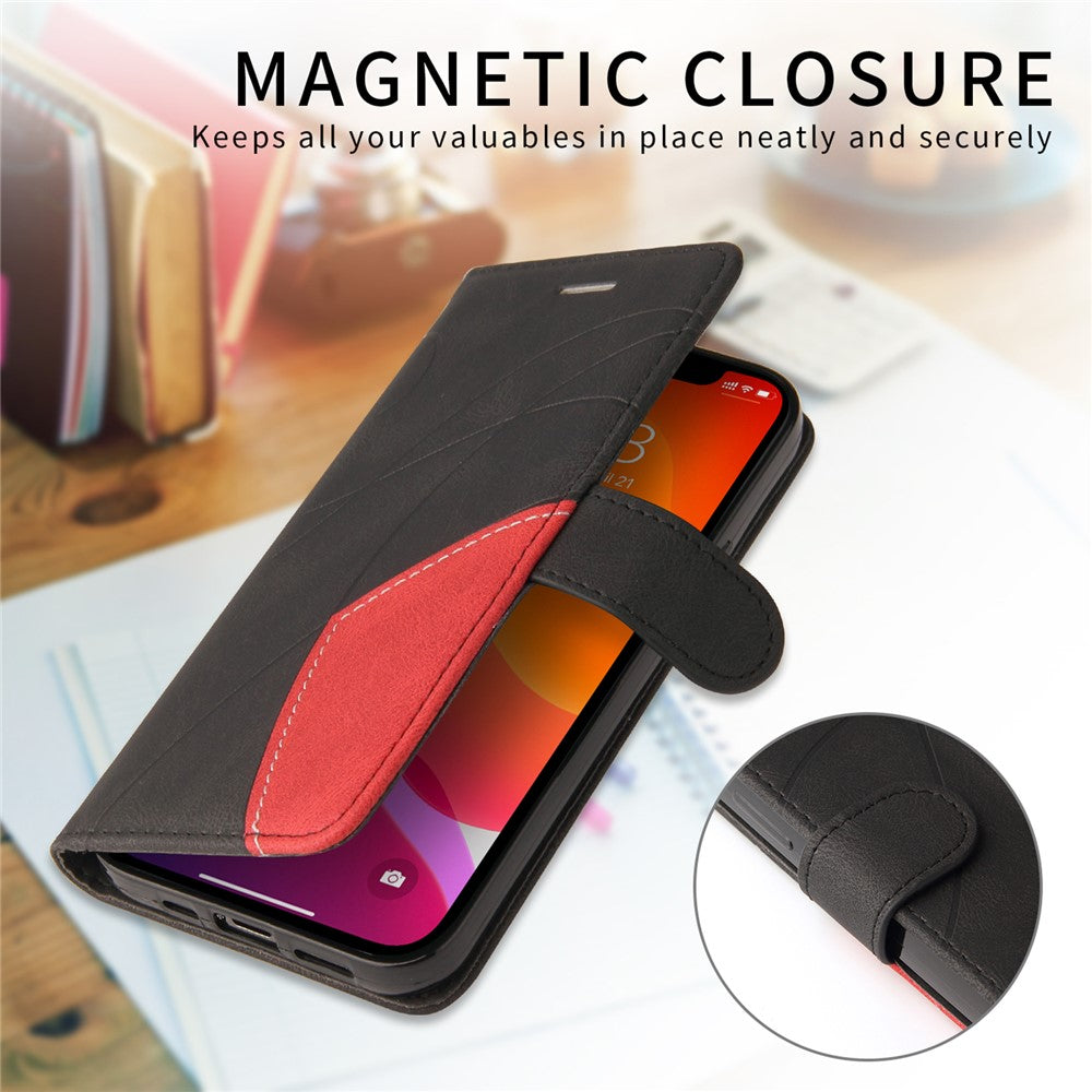For iPhone 17 Pro Max Leather Phone Case Stand Wallet with Bi-colour Splicing Design - Black