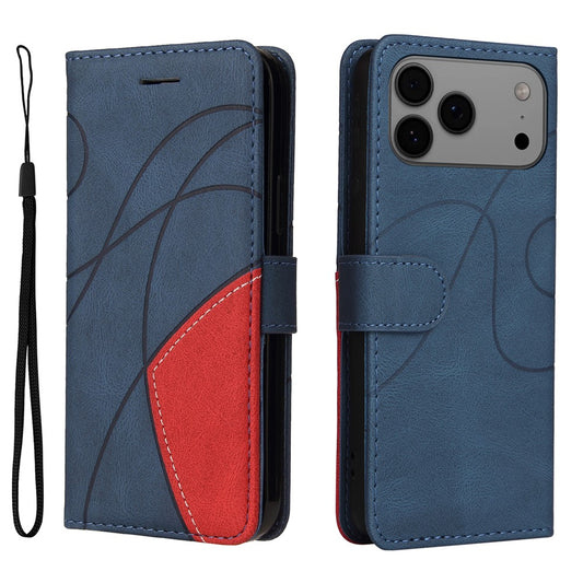 For iPhone 17 Pro Max Leather Phone Case Stand Wallet with Bi-colour Splicing Design - Blue