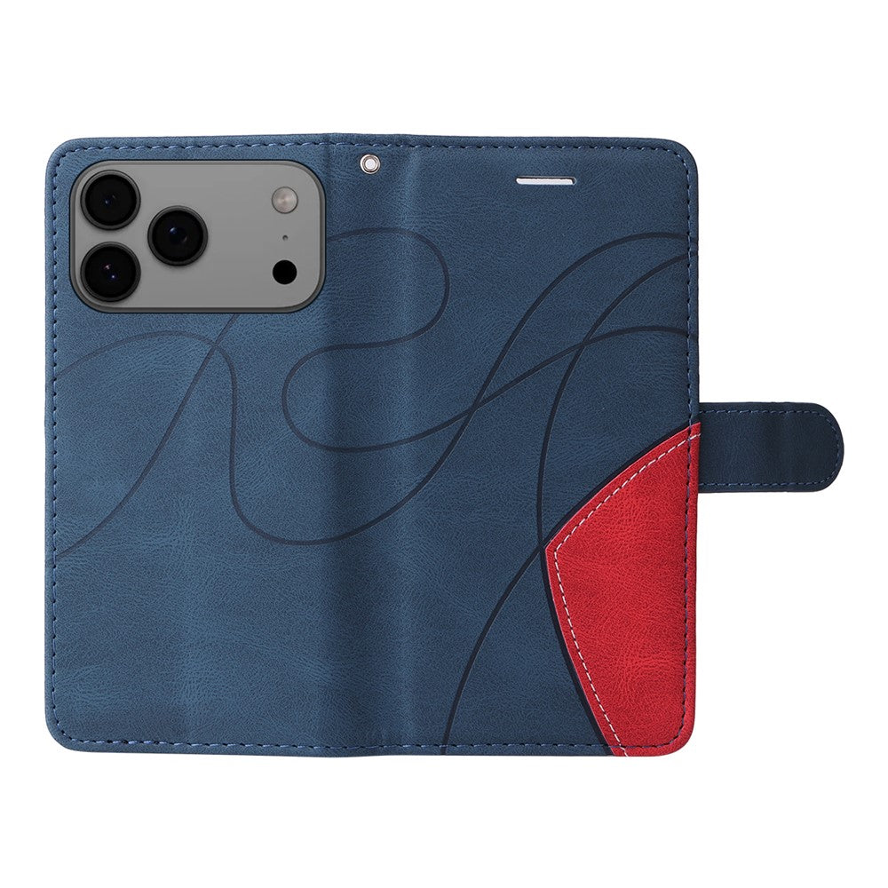 For iPhone 17 Pro Max Leather Phone Case Stand Wallet with Bi-colour Splicing Design - Blue
