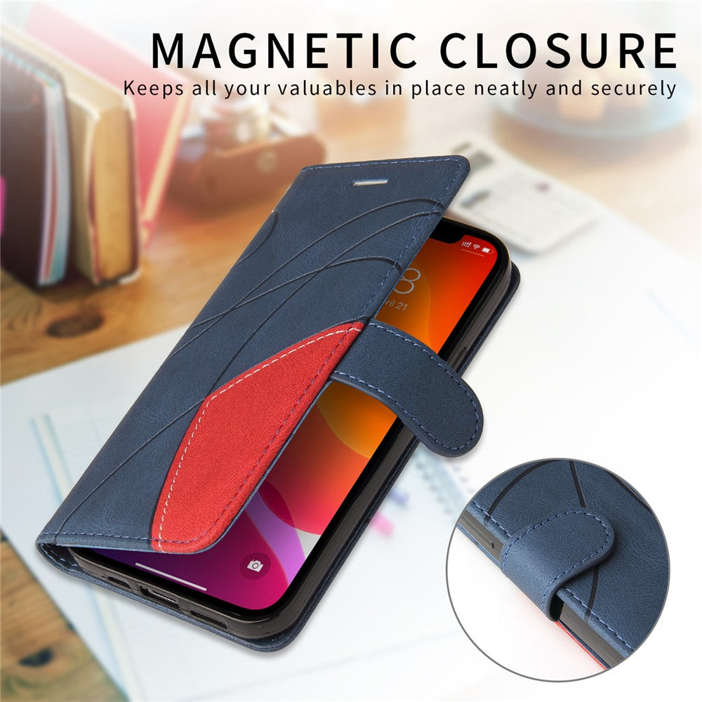 For iPhone 17 Pro Max Leather Phone Case Stand Wallet with Bi-colour Splicing Design - Blue
