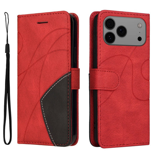 For iPhone 17 Pro Max Leather Phone Case Stand Wallet with Bi-colour Splicing Design - Red