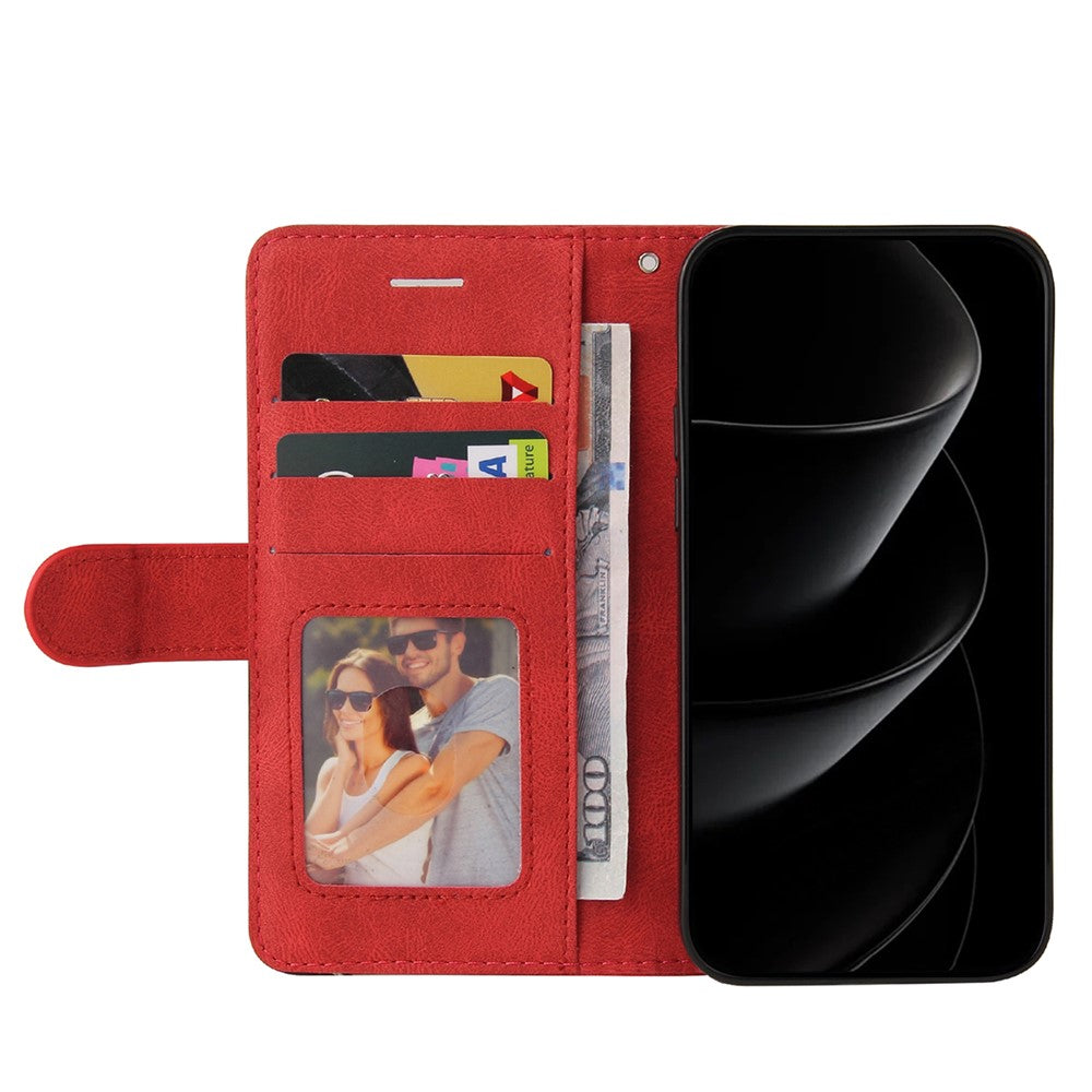 For iPhone 17 Pro Max Leather Phone Case Stand Wallet with Bi-colour Splicing Design - Red