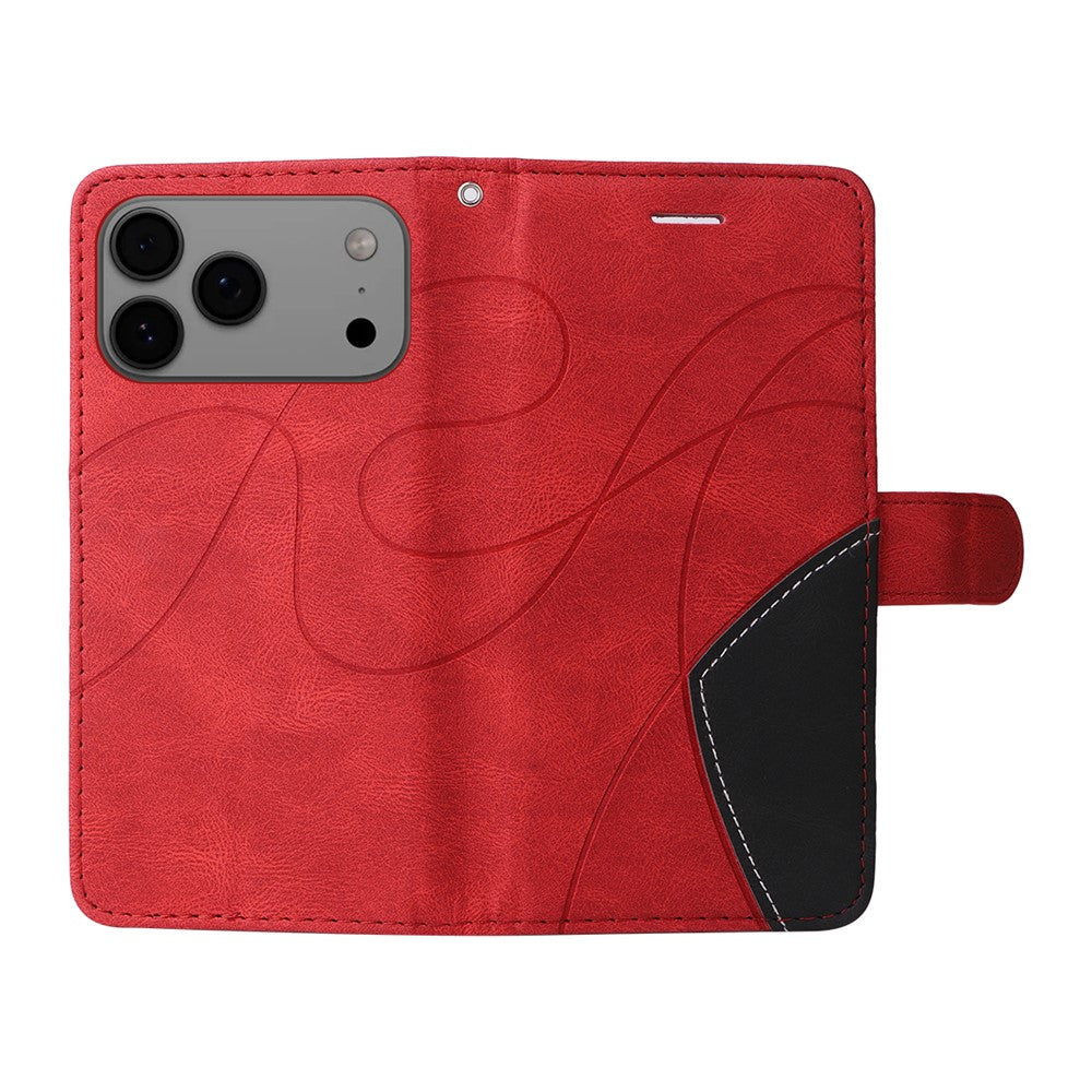 For iPhone 17 Pro Max Leather Phone Case Stand Wallet with Bi-colour Splicing Design - Red