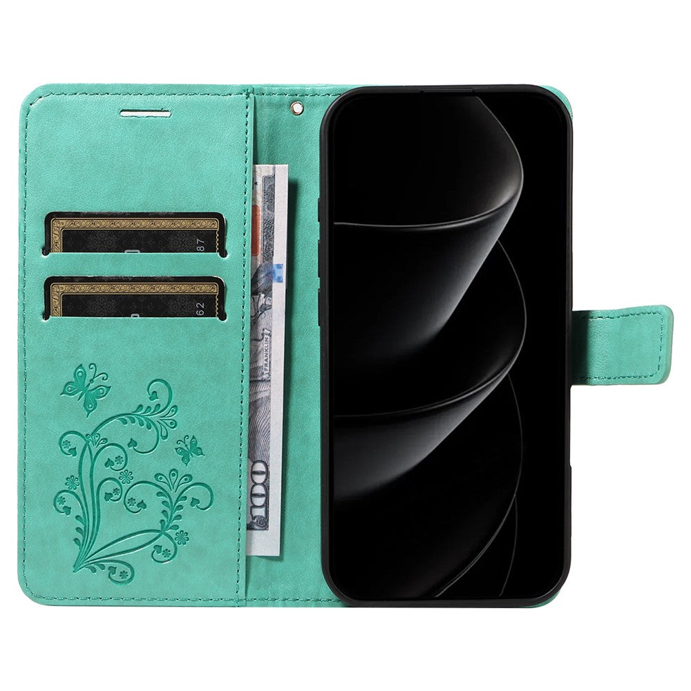 For iPhone 17 Pro Max Wallet Case Floral Butterfly Imprinted Leather Phone Cover Stand -  Green