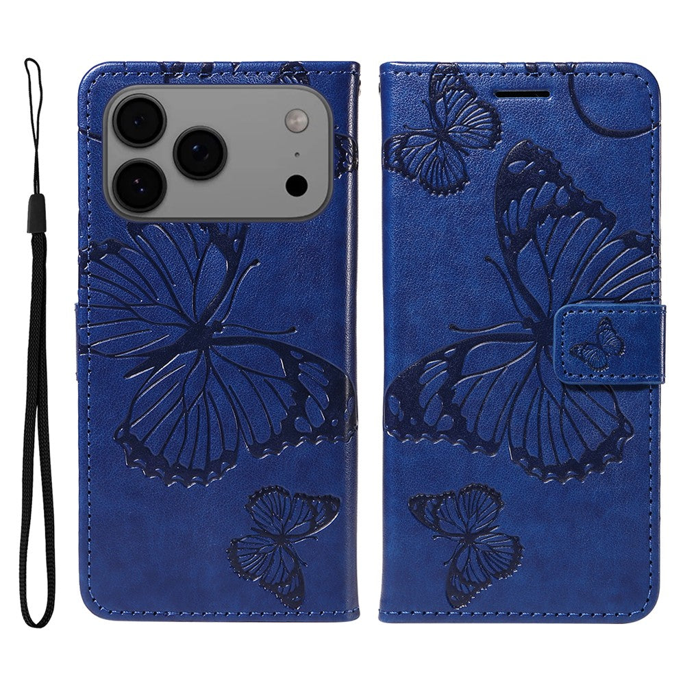 For iPhone 17 Pro Max Wallet Case Floral Butterfly Imprinted Leather Phone Cover Stand - Blue