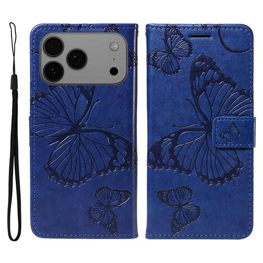 For iPhone 17 Pro Max Wallet Case Floral Butterfly Imprinted Leather Phone Cover Stand - Blue