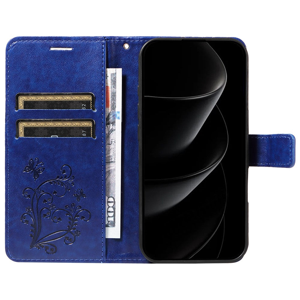 For iPhone 17 Pro Max Wallet Case Floral Butterfly Imprinted Leather Phone Cover Stand - Blue