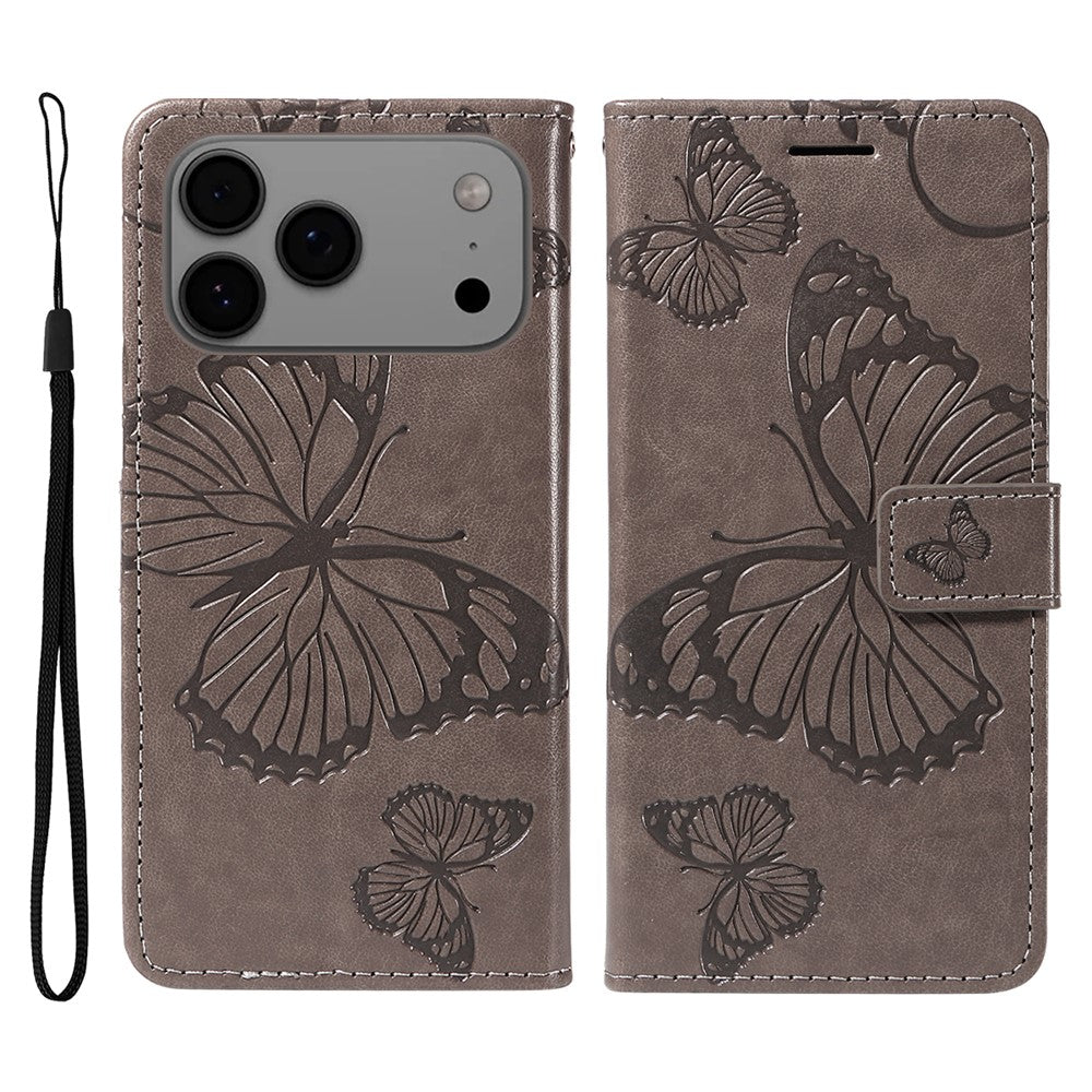 For iPhone 17 Pro Max Wallet Case Floral Butterfly Imprinted Leather Phone Cover Stand - Grey