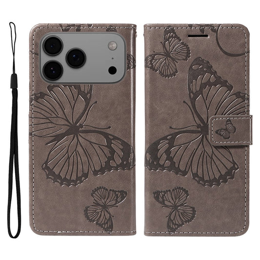 For iPhone 17 Pro Max Wallet Case Floral Butterfly Imprinted Leather Phone Cover Stand - Grey