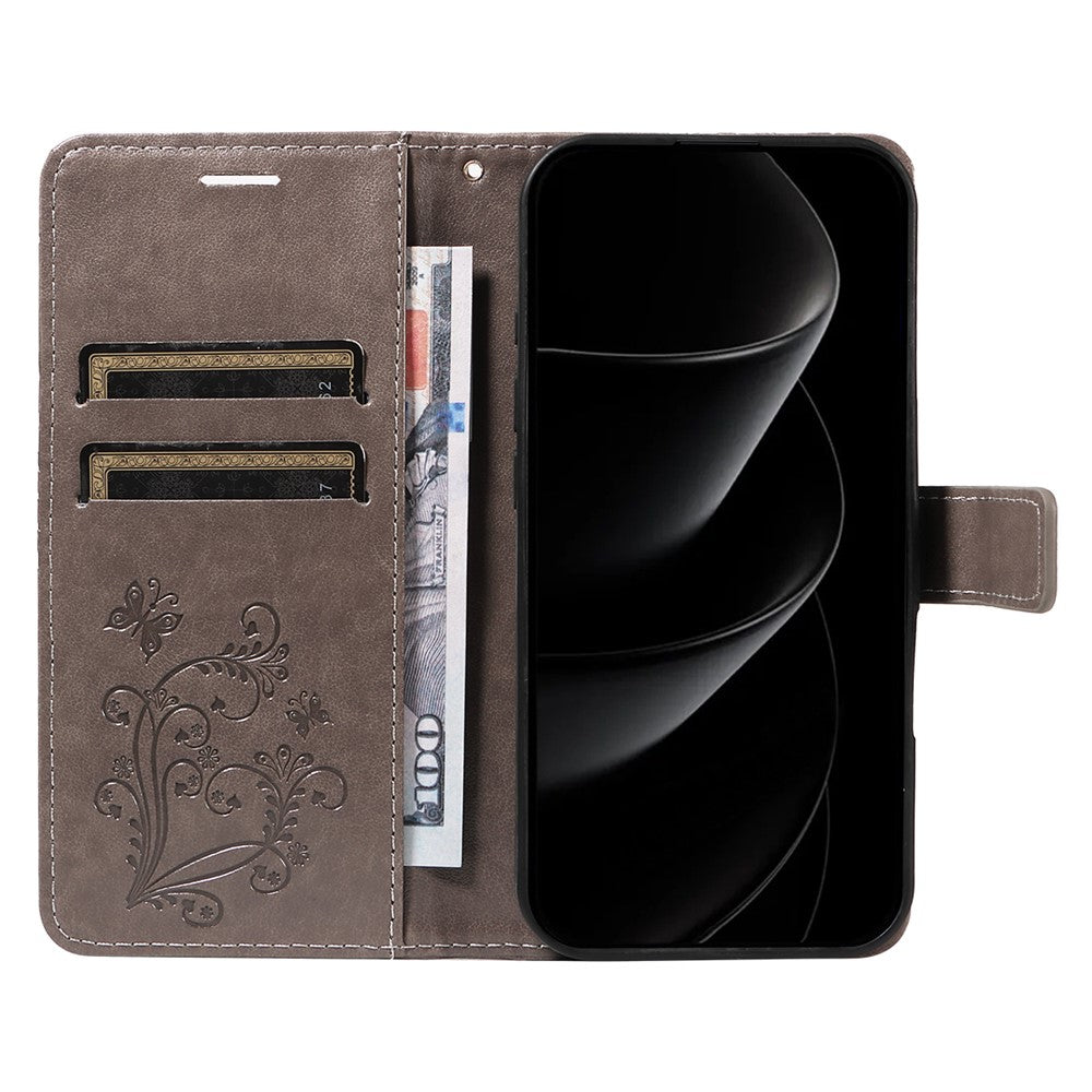 For iPhone 17 Pro Max Wallet Case Floral Butterfly Imprinted Leather Phone Cover Stand - Grey