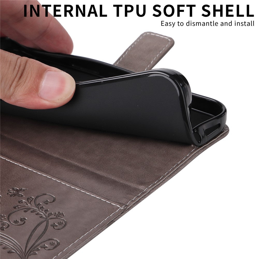 For iPhone 17 Pro Max Wallet Case Floral Butterfly Imprinted Leather Phone Cover Stand - Grey