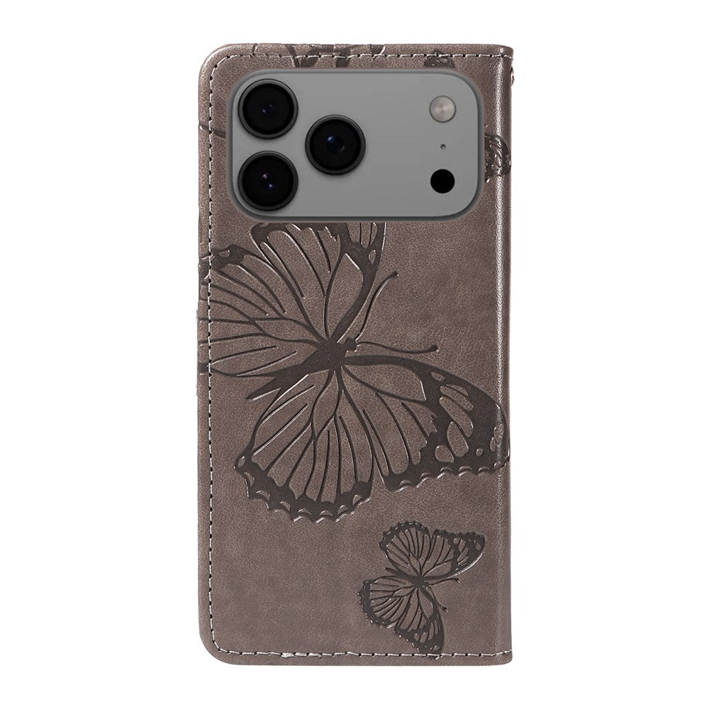 For iPhone 17 Pro Max Wallet Case Floral Butterfly Imprinted Leather Phone Cover Stand - Grey