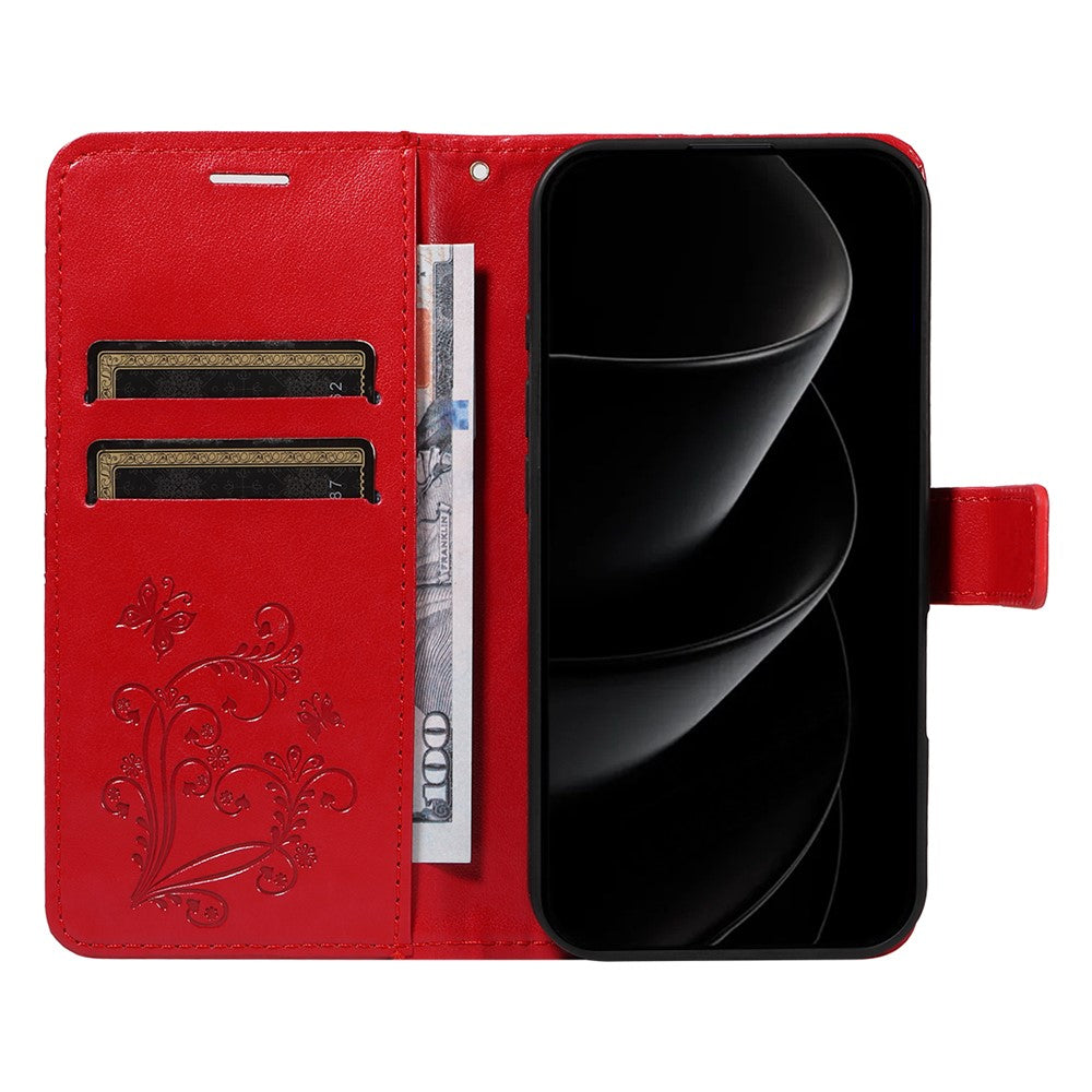 For iPhone 17 Pro Max Wallet Case Floral Butterfly Imprinted Leather Phone Cover Stand - Red