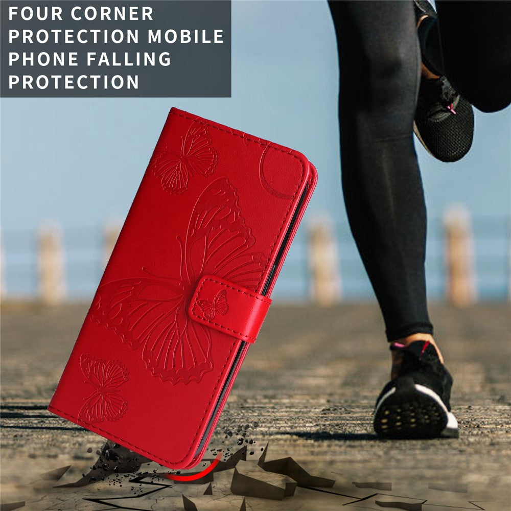 For iPhone 17 Pro Max Wallet Case Floral Butterfly Imprinted Leather Phone Cover Stand - Red