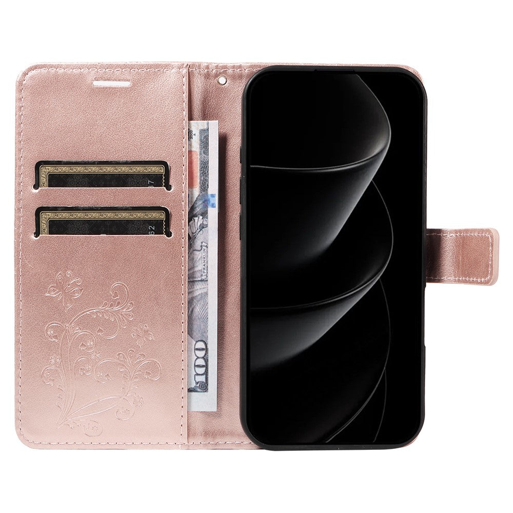 For iPhone 17 Pro Max Wallet Case Floral Butterfly Imprinted Leather Phone Cover Stand -  Rose Gold