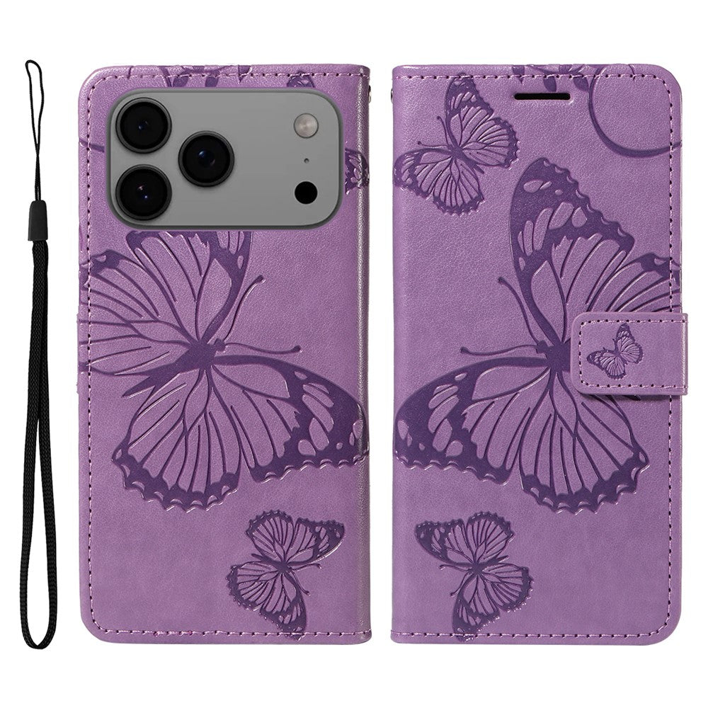 For iPhone 17 Pro Max Wallet Case Floral Butterfly Imprinted Leather Phone Cover Stand - Light Purple