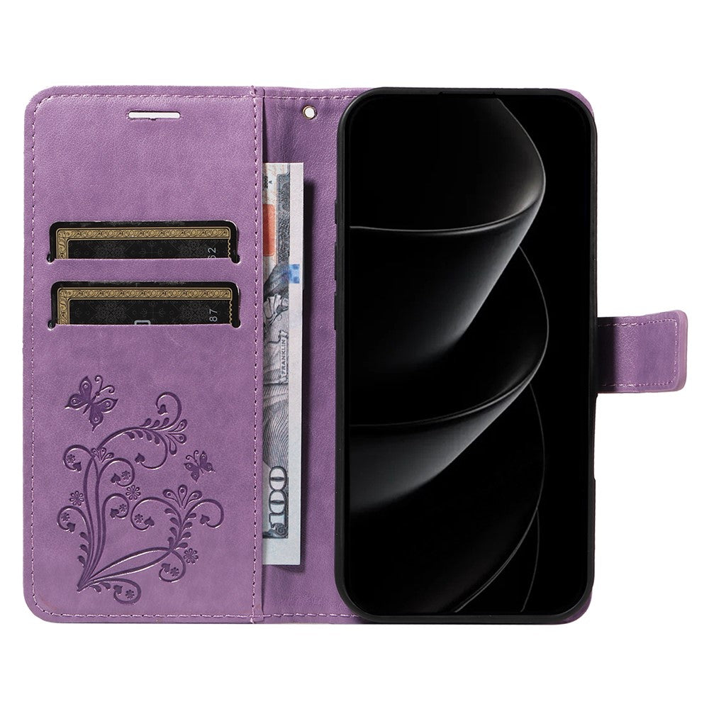 For iPhone 17 Pro Max Wallet Case Floral Butterfly Imprinted Leather Phone Cover Stand - Light Purple