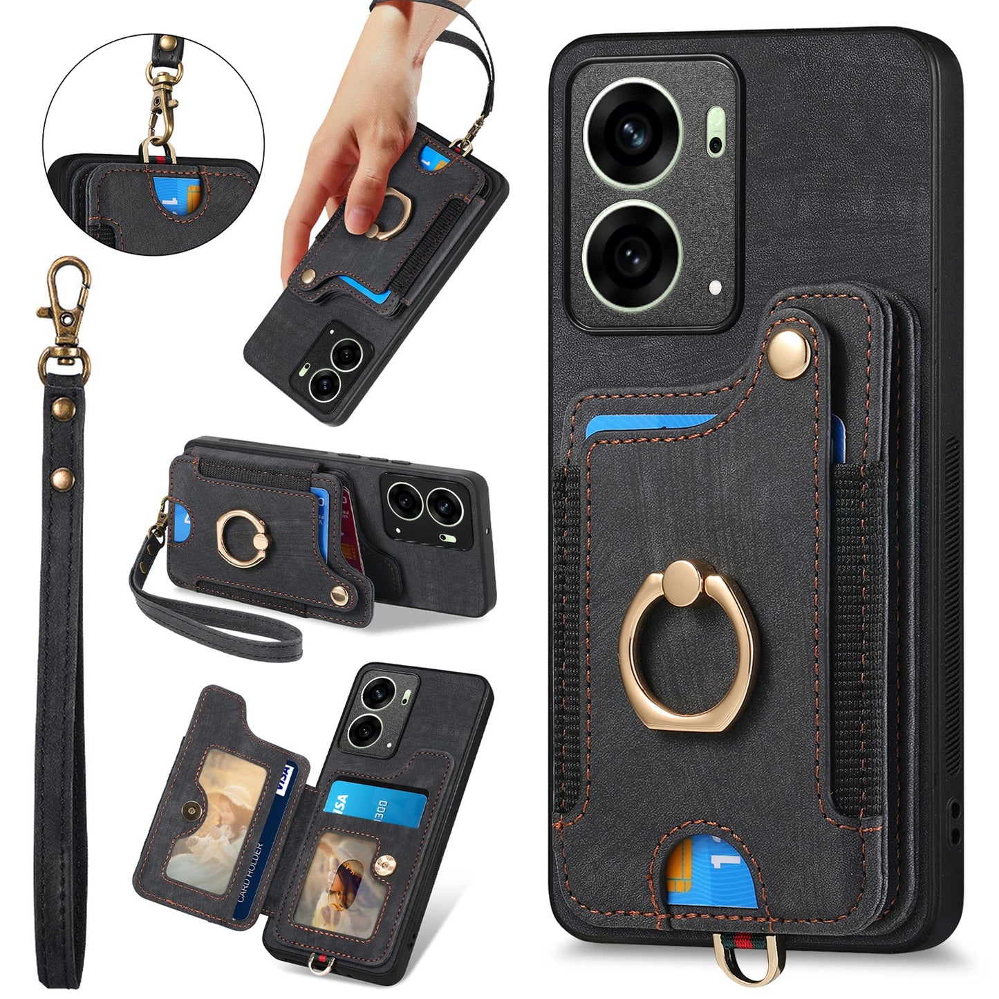 For Oppo Reno14 5G (Global) / Oppo Reno13 5G (Global) Retro PU Leather Back Cover with RFID Blocking Card Holder - Black