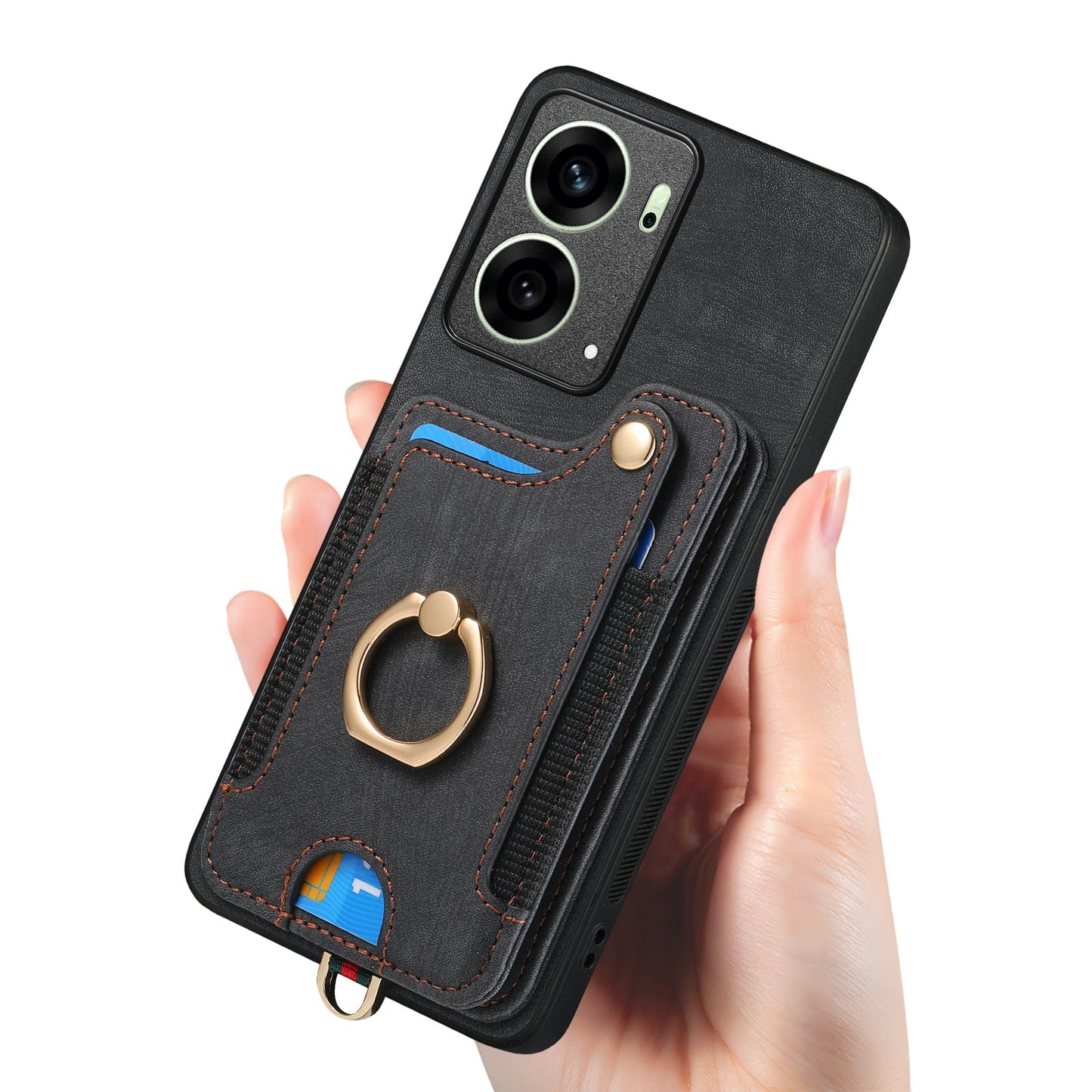 For Oppo Reno14 5G (Global) / Oppo Reno13 5G (Global) Retro PU Leather Back Cover with RFID Blocking Card Holder - Black