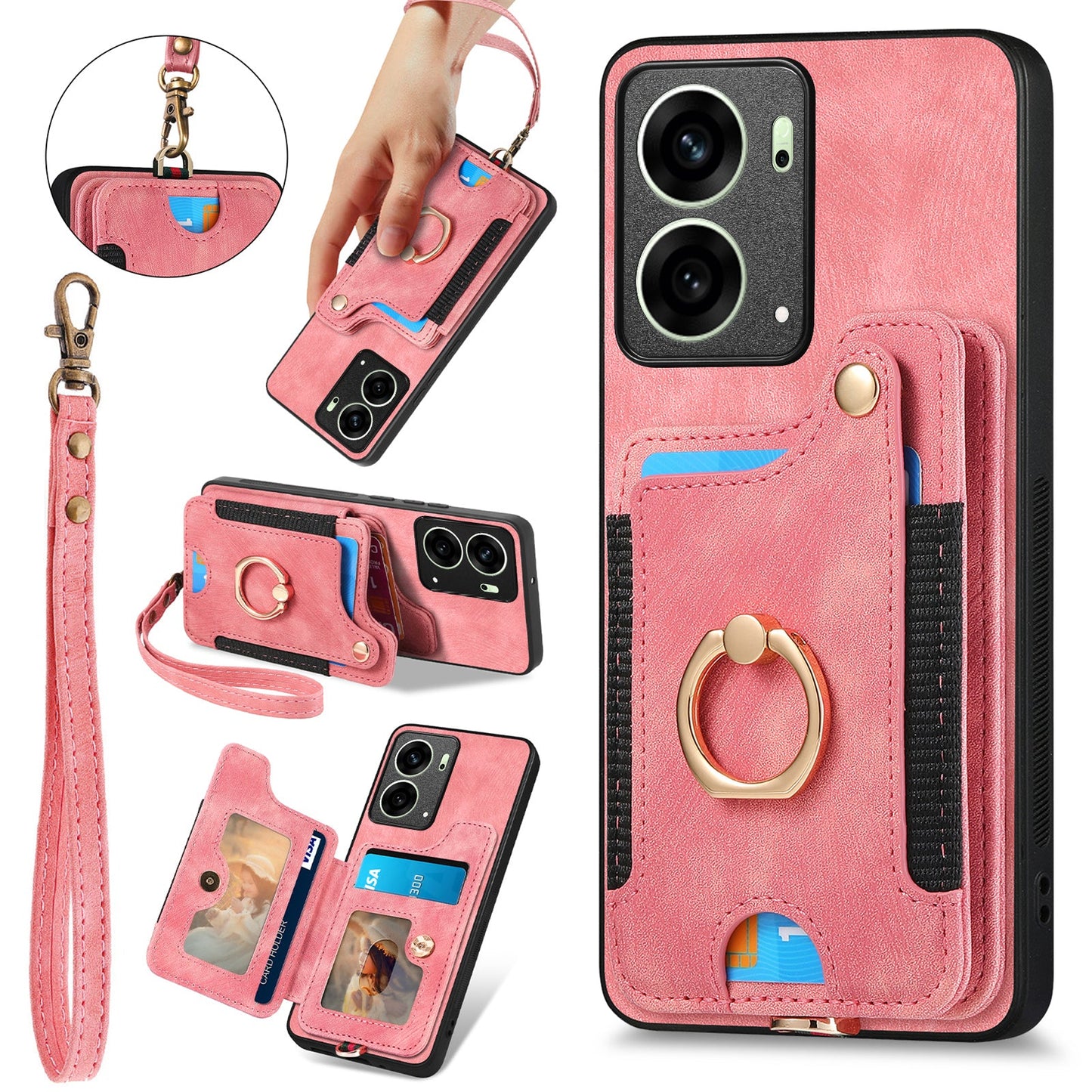 For Oppo Reno14 5G (Global) / Oppo Reno13 5G (Global) Retro PU Leather Back Cover with RFID Blocking Card Holder - Pink