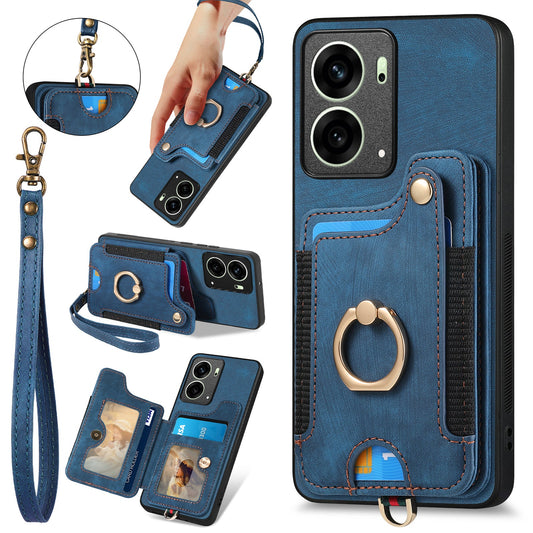 For Oppo Reno14 5G (Global) / Oppo Reno13 5G (Global) Retro PU Leather Back Cover with RFID Blocking Card Holder - Blue
