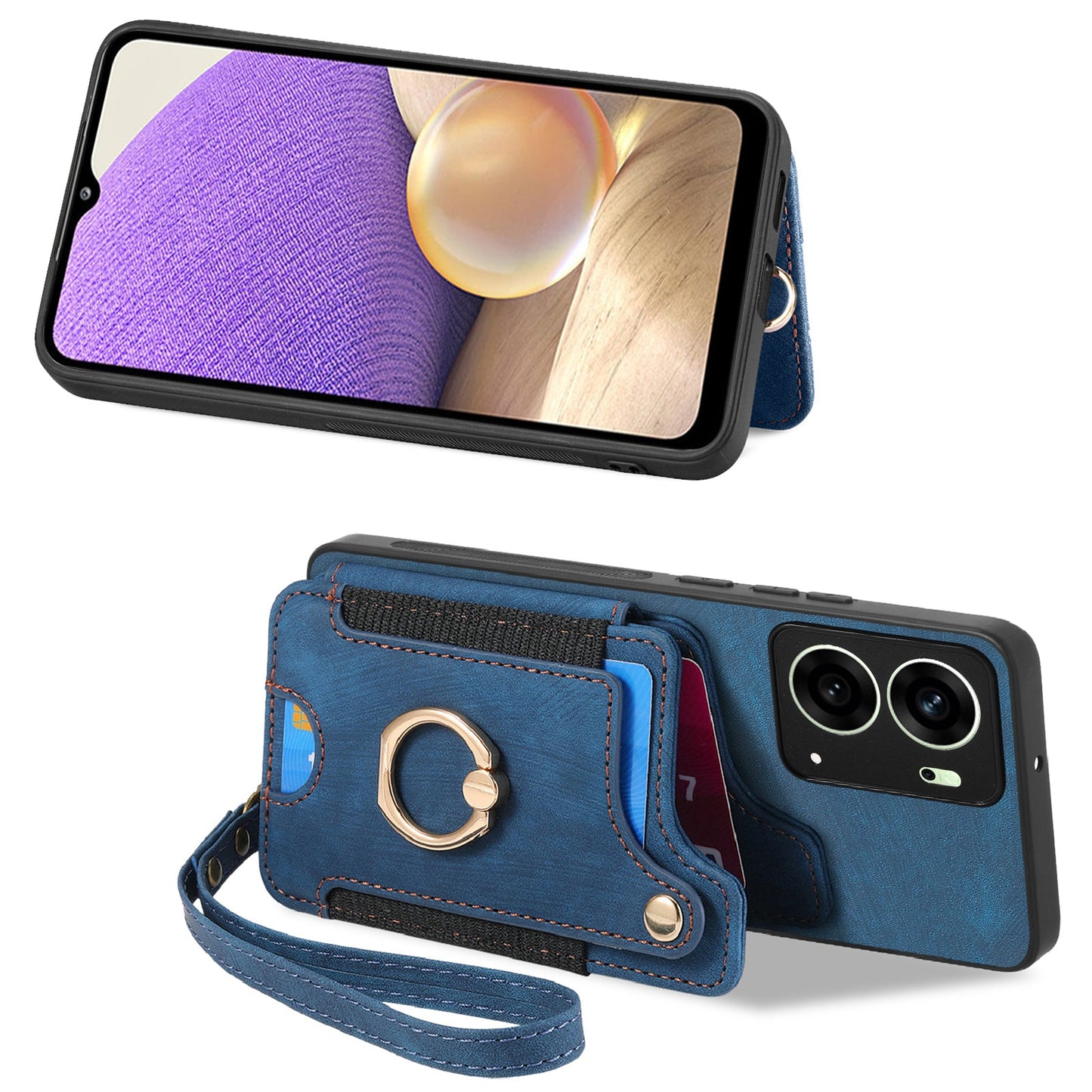 For Oppo Reno14 5G (Global) / Oppo Reno13 5G (Global) Retro PU Leather Back Cover with RFID Blocking Card Holder - Blue