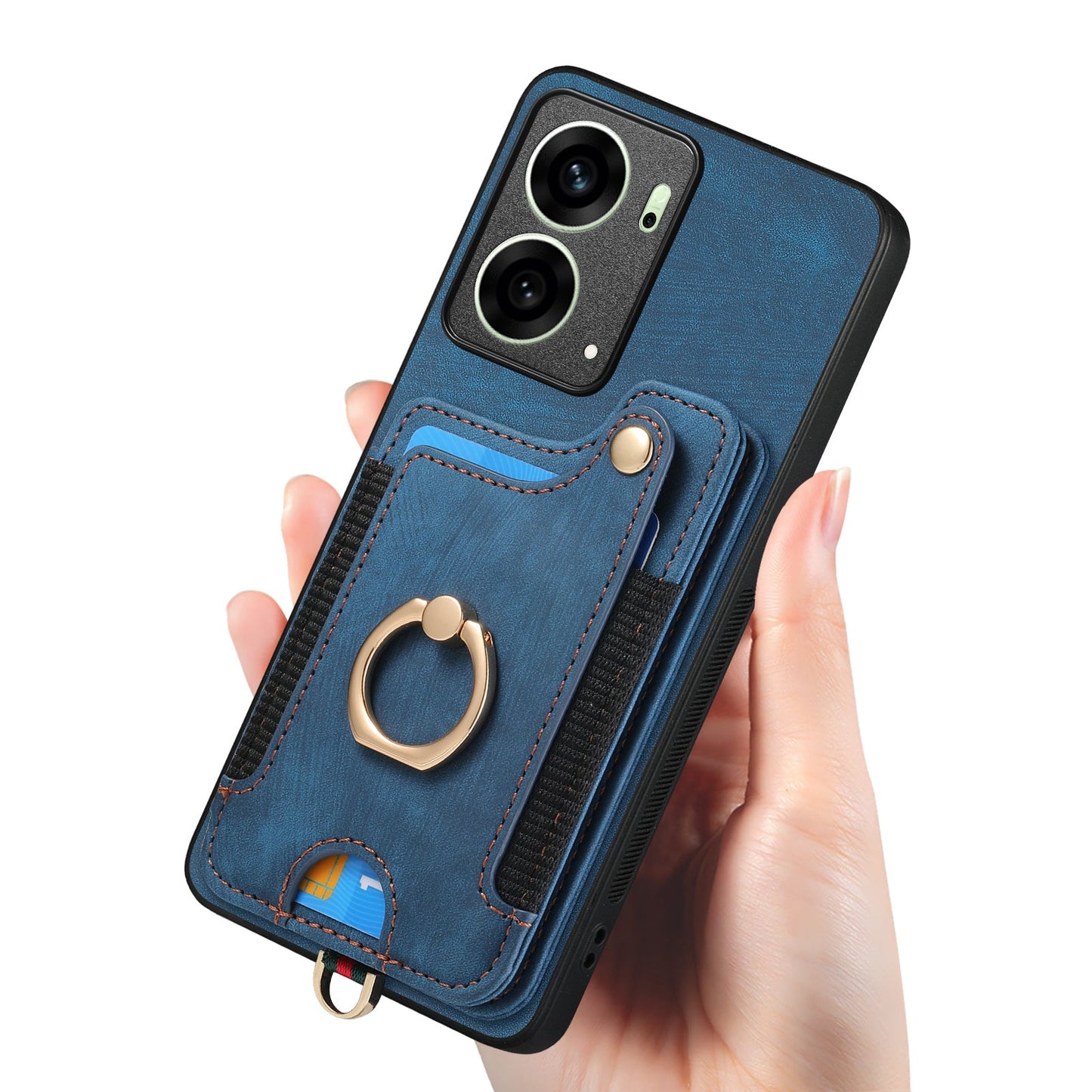 For Oppo Reno14 5G (Global) / Oppo Reno13 5G (Global) Retro PU Leather Back Cover with RFID Blocking Card Holder - Blue