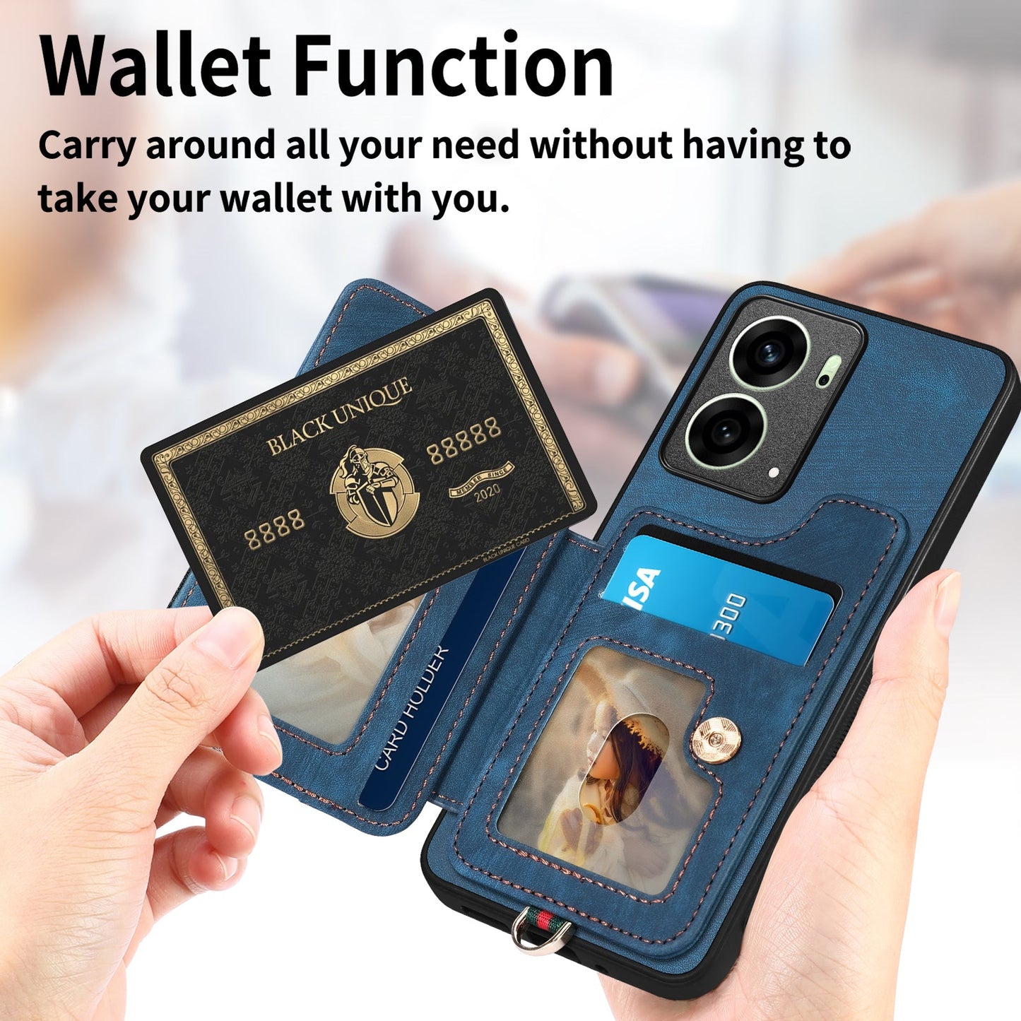 For Oppo Reno14 5G (Global) / Oppo Reno13 5G (Global) Retro PU Leather Back Cover with RFID Blocking Card Holder - Blue