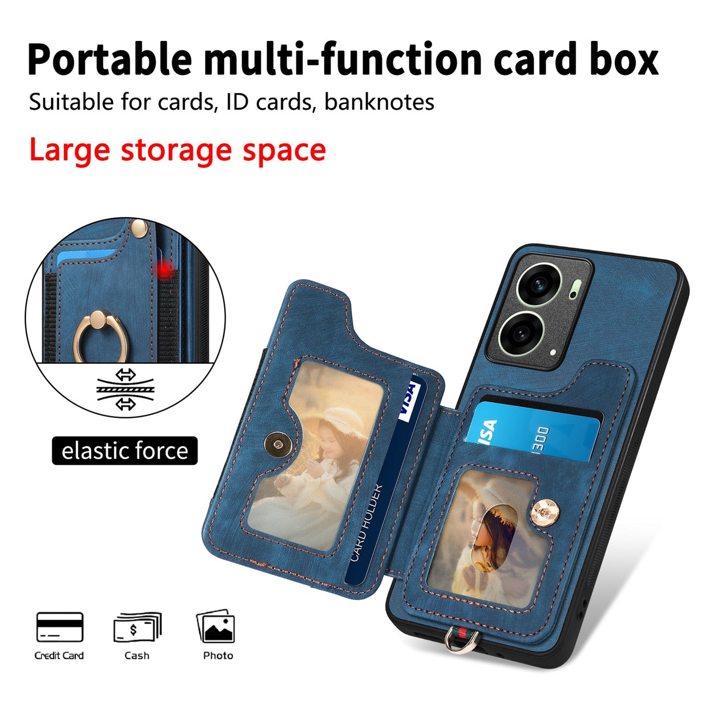 For Oppo Reno14 5G (Global) / Oppo Reno13 5G (Global) Retro PU Leather Back Cover with RFID Blocking Card Holder - Blue