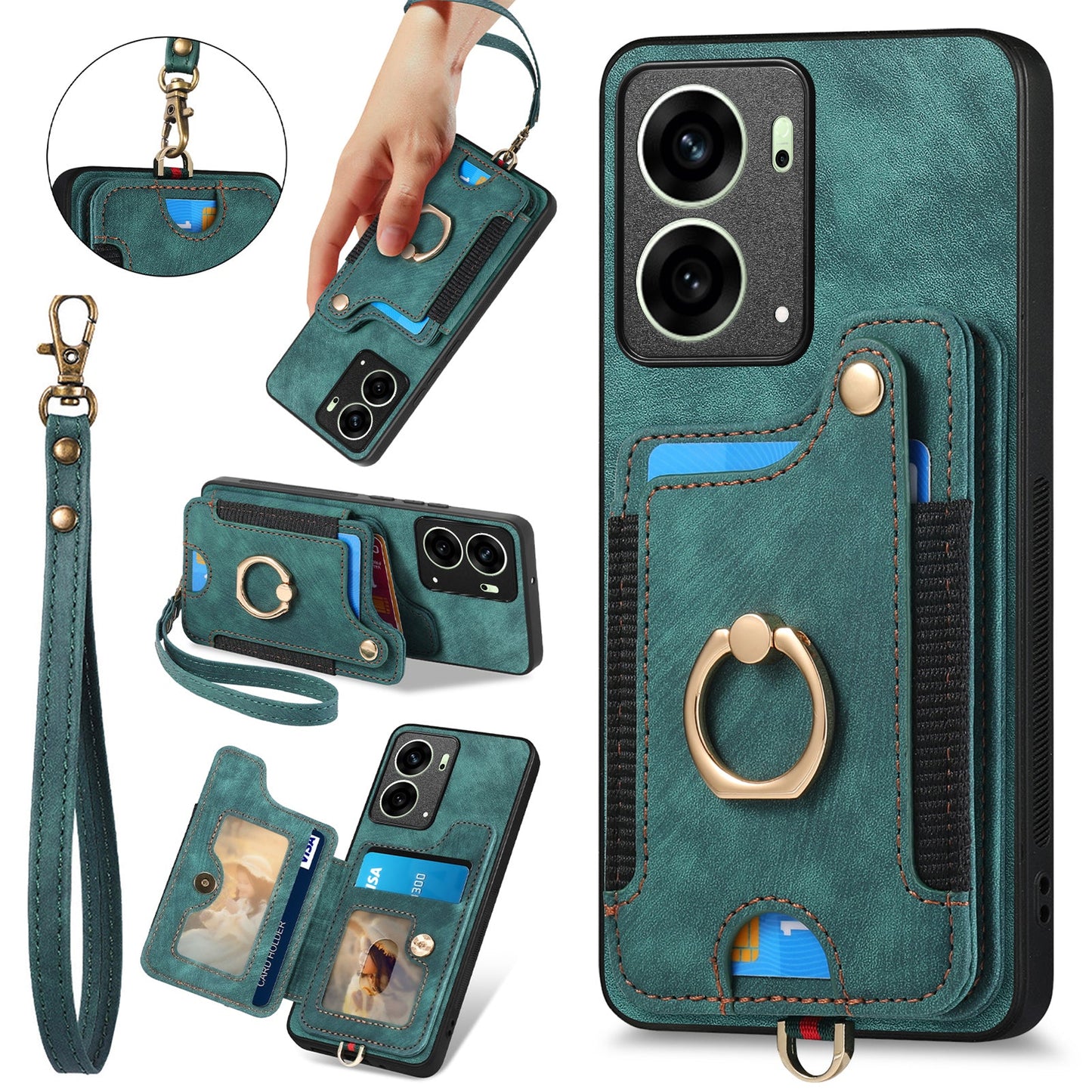 For Oppo Reno14 5G (Global) / Oppo Reno13 5G (Global) Retro PU Leather Back Cover with RFID Blocking Card Holder - Green