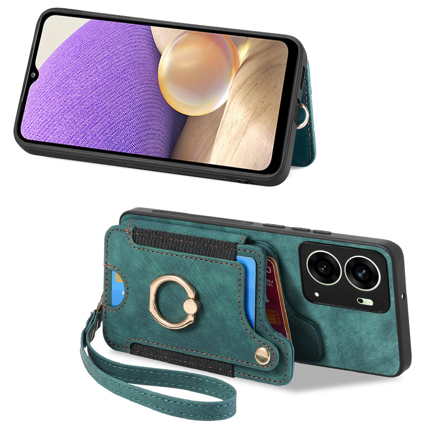 For Oppo Reno14 5G (Global) / Oppo Reno13 5G (Global) Retro PU Leather Back Cover with RFID Blocking Card Holder - Green
