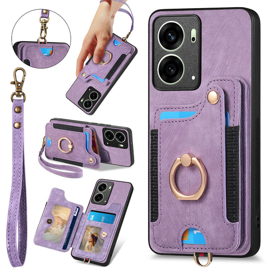 For Oppo Reno14 5G (Global) / Oppo Reno13 5G (Global) Retro PU Leather Back Cover with RFID Blocking Card Holder - Purple