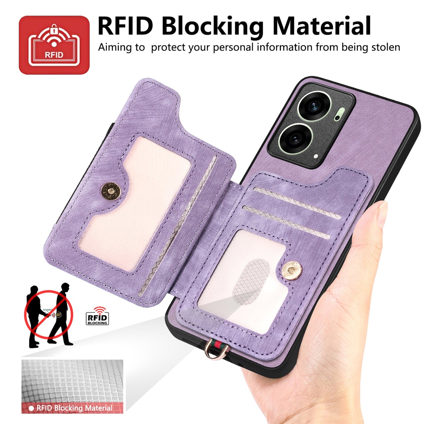 For Oppo Reno14 5G (Global) / Oppo Reno13 5G (Global) Retro PU Leather Back Cover with RFID Blocking Card Holder - Purple