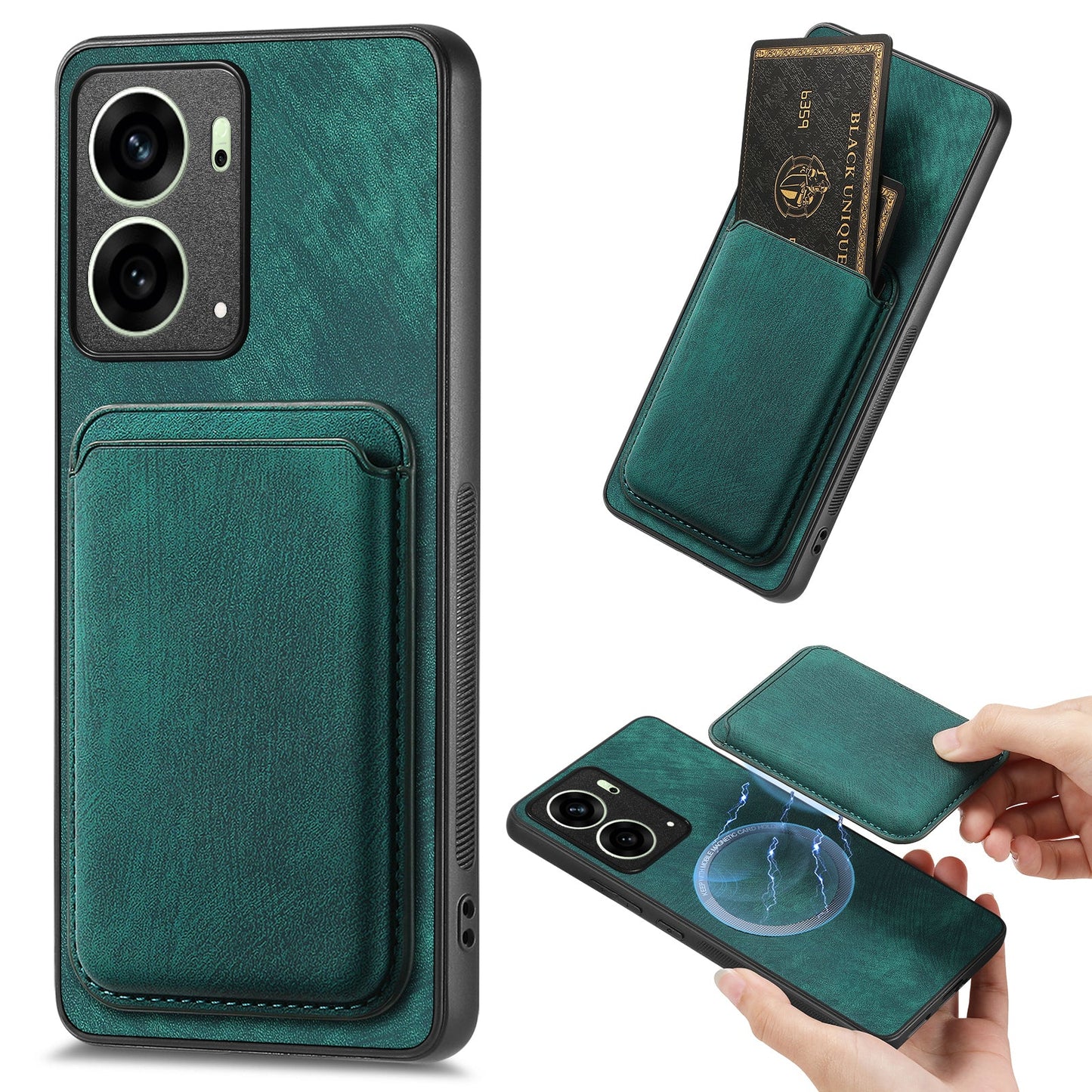 For Oppo Reno4 5G / Oppo Reno13 5G (Global) Case Compatible with MagSafe Leather Back Cover with Detachable Card Holder - Green