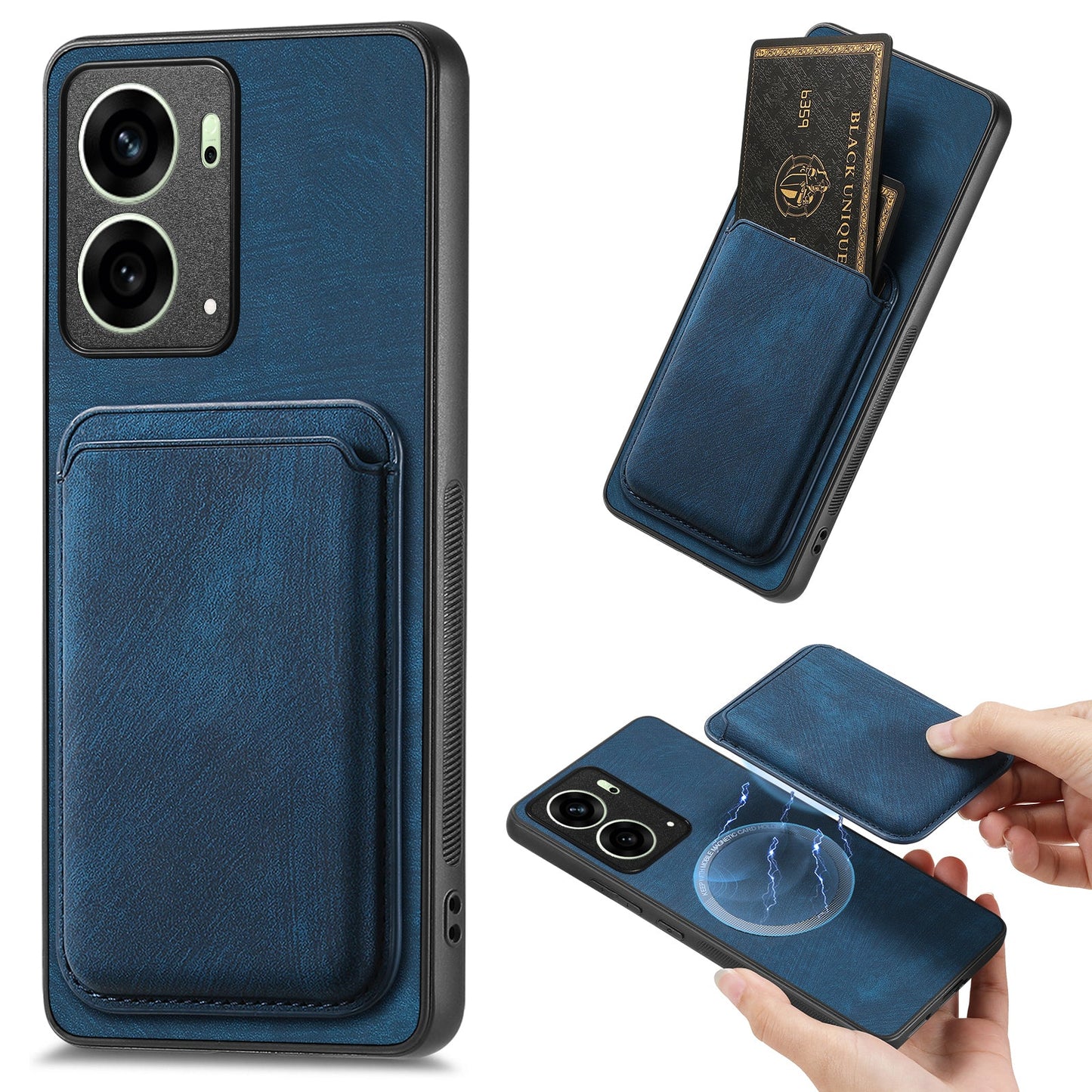 For Oppo Reno4 5G / Oppo Reno13 5G (Global) Case Compatible with MagSafe Leather Back Cover with Detachable Card Holder - Blue